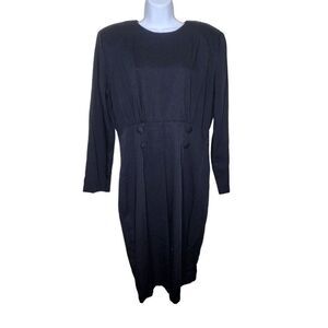 Vintage 80s Midi Long Sleeve Shift Dress Womens Size 14 Black Button Accent